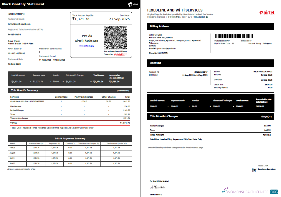 download India Airtel utility bill template in Word and PDF formats, 2 pages, version 5 PDF template